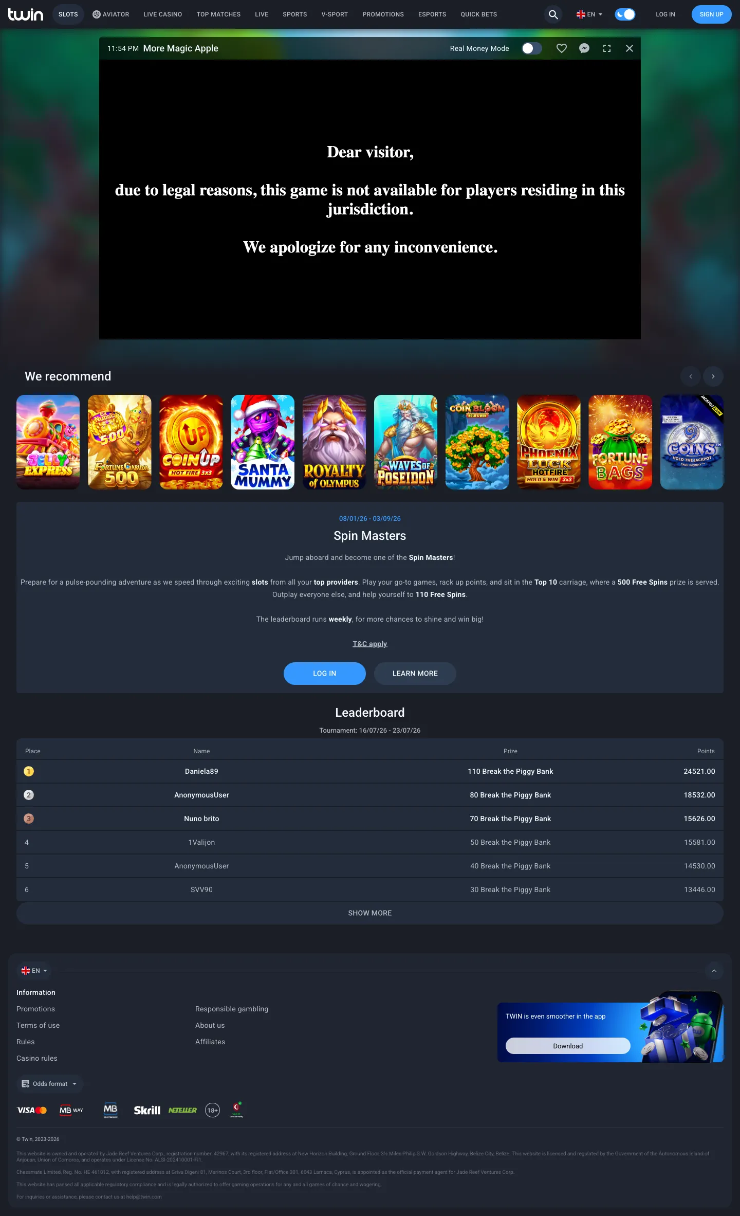 Приложение Twin casino — каталог, live-раздел и касса в одном кабинете