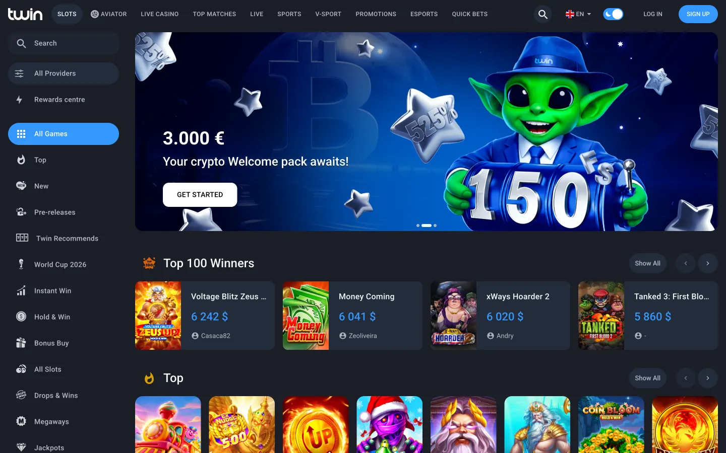 Раздел бонусов и промокодов в личном кабинете Twin casino